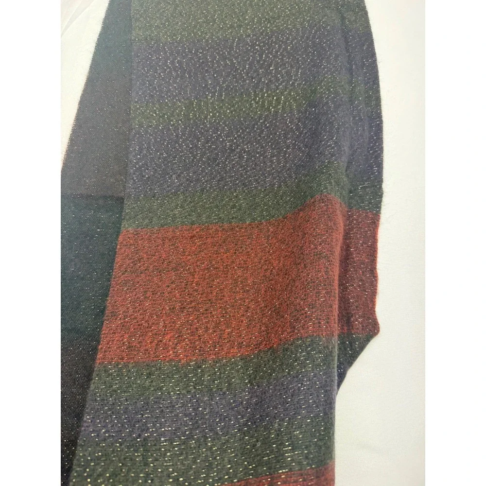 Steve Madden Made in Italy Red Navy Green Metallic Shimmer Striped Fringed Scarf